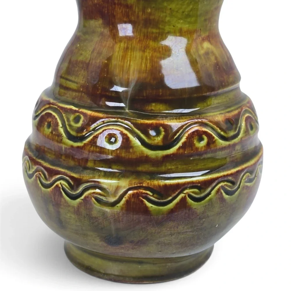 Signed Studio Pottery Vase Olive Green Brown Glaze Incised Design 6.75